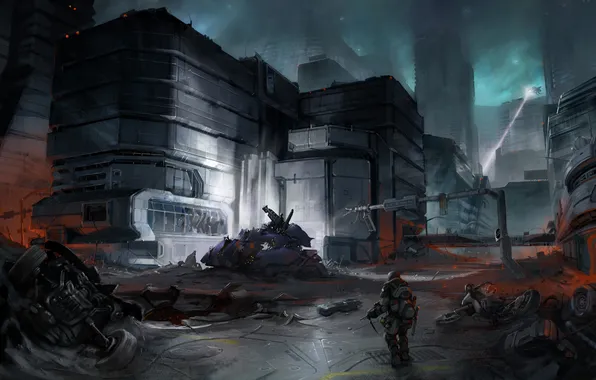 The city, weapons, ship, ray, warrior, art, male, Halo 3