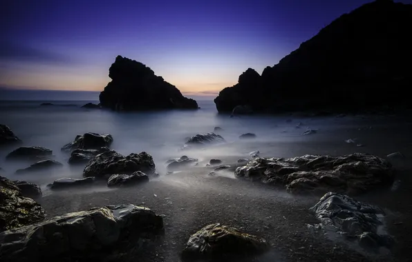 Sea, beach, rocks, dawn, shore, twilight, Asturias, Oviñana