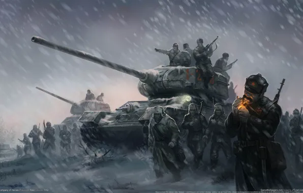 Winter, Wallpaper, soldiers, heroes, Blizzard, soldiers, battlefield, tanks