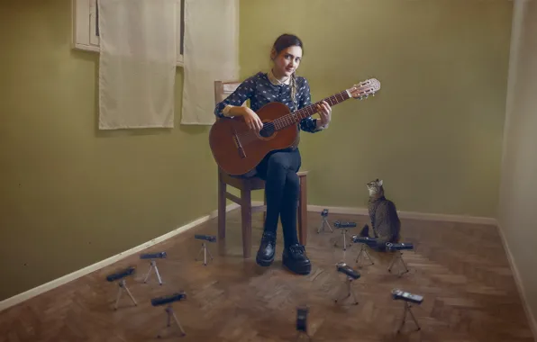 Cat, girl, music, guitar