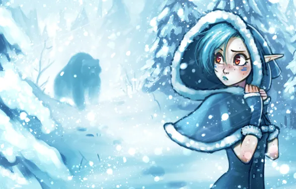 Picture winter, forest, girl, snow, trees, the wind, elf, bear