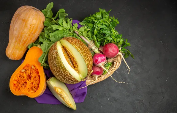 Pumpkin, melon, radishes