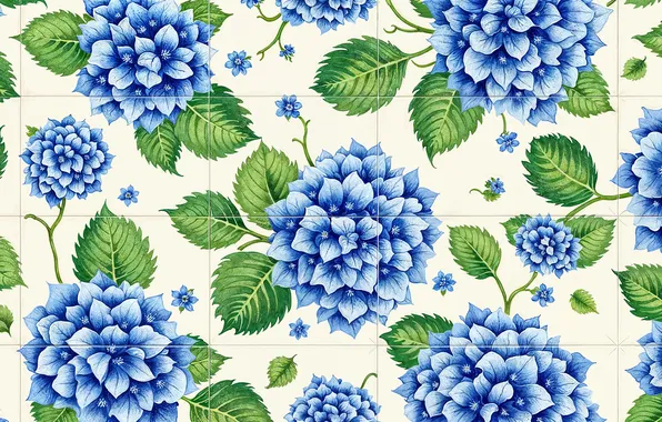 Leaves, flowers, tile, texture, blue, blue, hydrangea, AI art