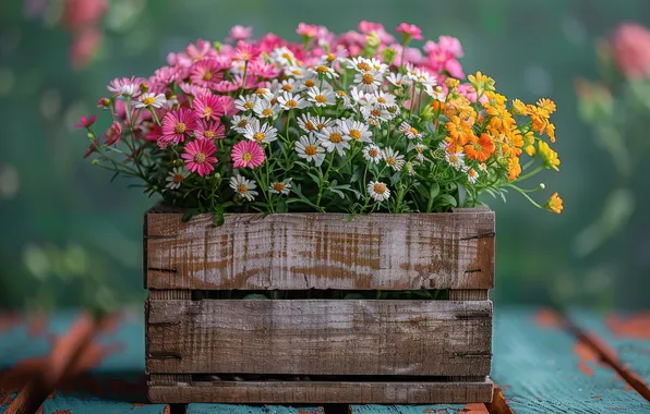 Summer, flowers, Board, chamomile, bouquet, yellow, pink, white