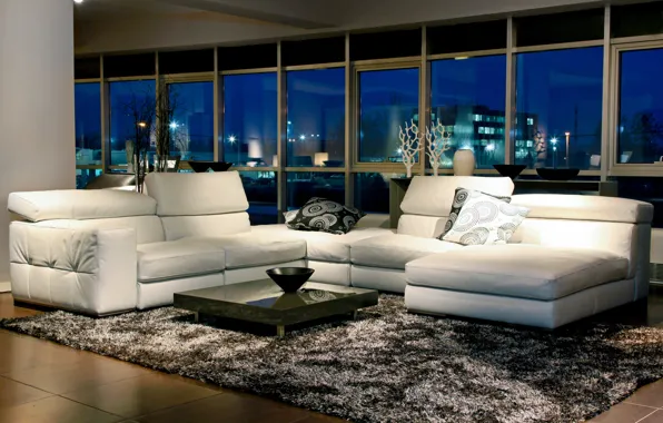 Picture room, sofa, Windows, table, carpet.