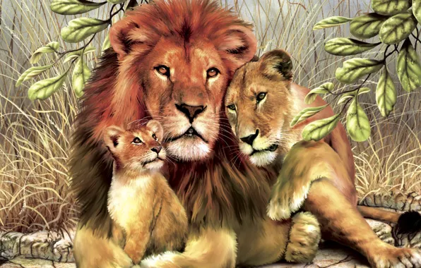 Picture leaves, Lions, family