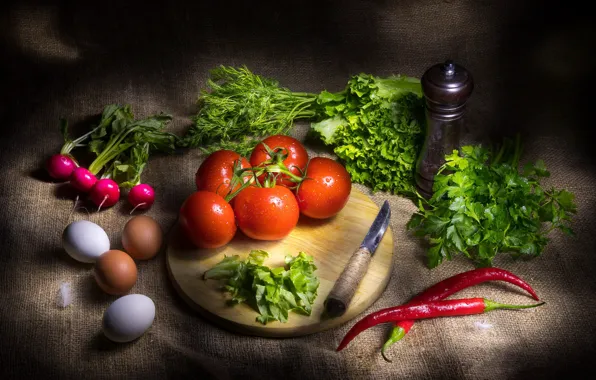 Greens, eggs, pepper, still life, tomatoes