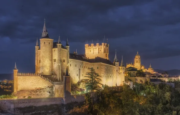 Night, castle, backlight, Spain, Alcazar, Segovia