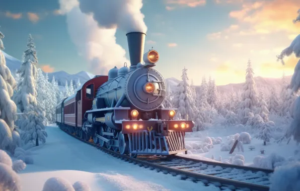 Winter, frost, forest, snow, smoke, train, the engine, morning