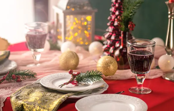 Balls, branches, wine, glass, fruit, Christmas, lantern, plates