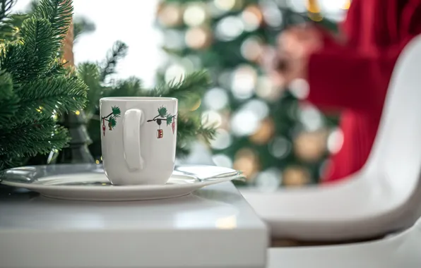 Branches, lights, table, chairs, plate, Christmas, mug, cafe