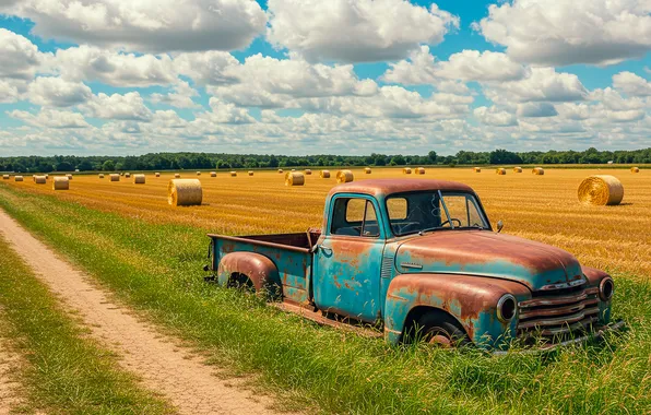 Field, machine, summer, pickup, cloud., bales of straw