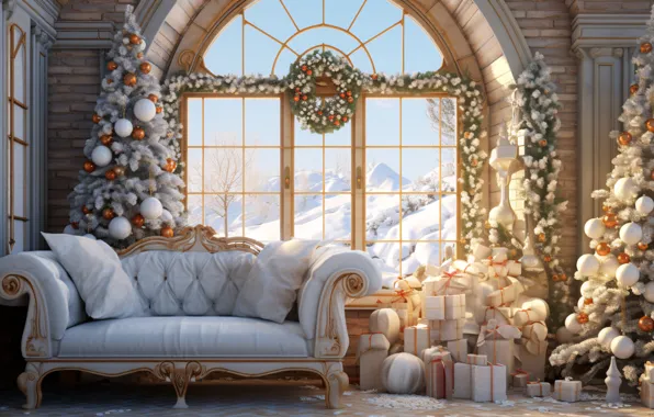 Winter, snow, mountains, castle, room, sofa, furniture, interior