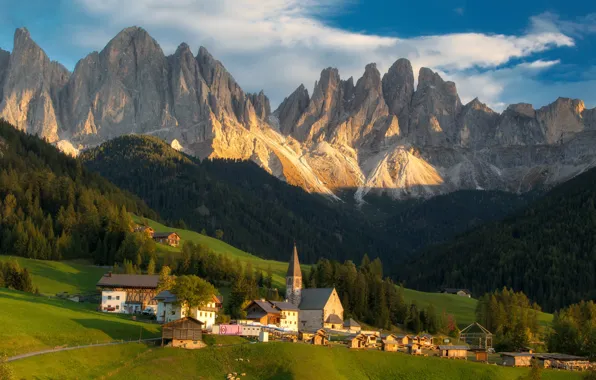 Forest, the sun, mountains, Italy, Church, Santa Maddalena
