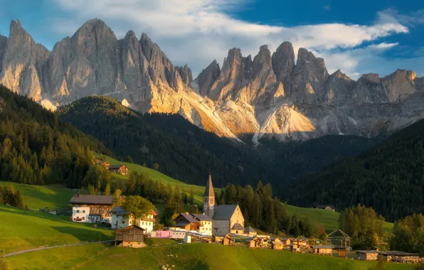 Picture forest, the sun, mountains, Italy, Church, Santa Maddalena
