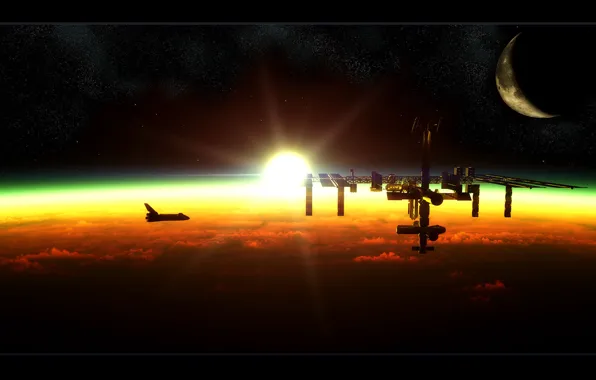 The sun, dawn, the moon, ISS, station, Shuttle