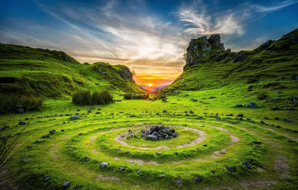 The sky, circles, rocks, dawn, Sky, Grass, Stones, Sunrises