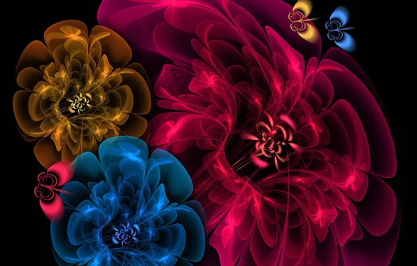 Picture light, flowers, butterfly, paint, petals, the volume