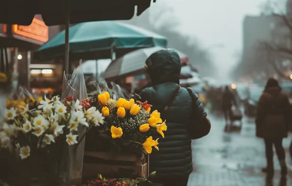 Flowers, the city, fog, people, rain, overcast, holiday, street