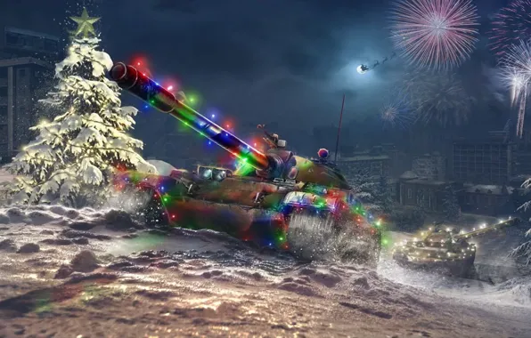 Home, Winter, The city, Snow, Salute, Christmas, New year, Tanks