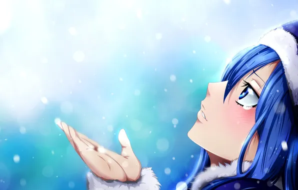 Picture winter, girl, snow, hat, hand, art, Fairy Tail, Hiro Mashima