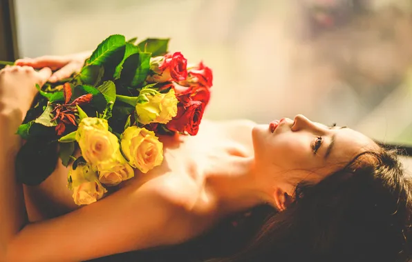Chest, look, glass, girl, light, flowers, face, pose
