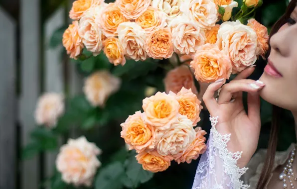 Girl, dreams, flowers, reverie, mood, hand, roses, Asian