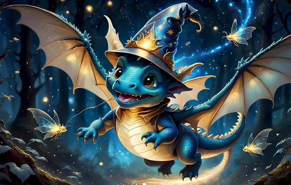 Forest, night, magic, dragon, hat, fantasy, dragon, moths