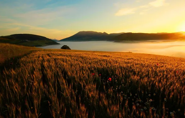 Picture sky, landscape, nature, sunset, mountains, lake, sun, hills