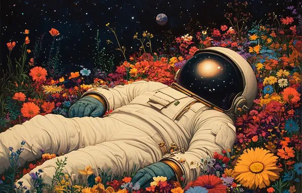 Field, space, stars, flowers, fiction, glade, planet, astronaut