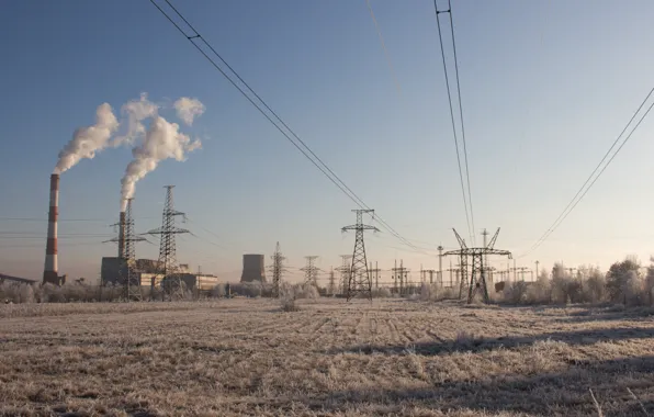 Winter, frost, tower, couples, power lines