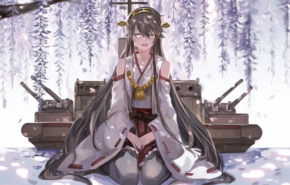 Smile, gun, tank, kimono, priestess, long hair, Kantai Collection, Naval Collection