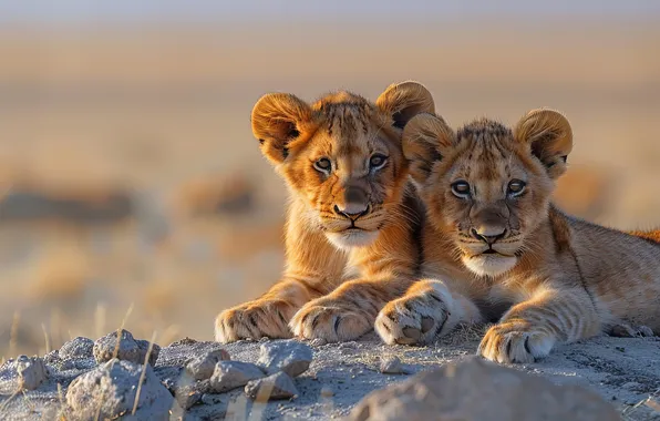 Picture Stones, Kittens, Predator, Two, Lions, Digital art, Kids, Lion cub
