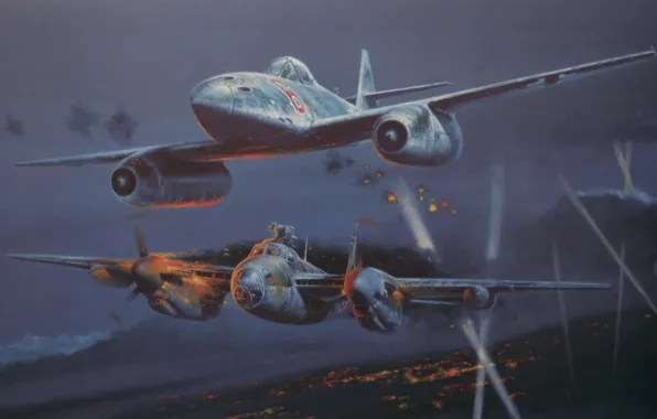 Picture war, art, painting, aviation, ww2, night fighter, De Havilland Mosquito, Messerschmitt Me 262