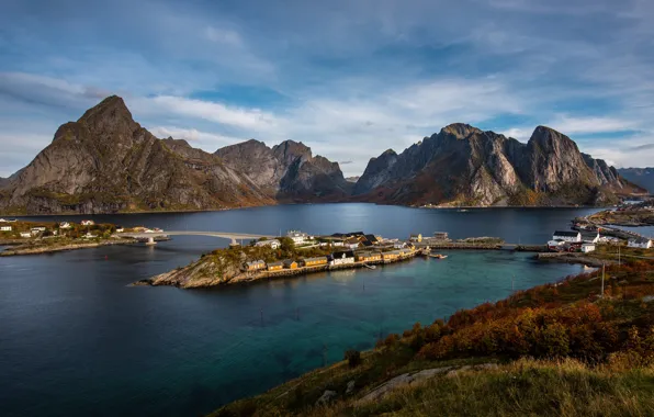 Picture sea, landscape, mountains, bridge, rocks, island, road, home