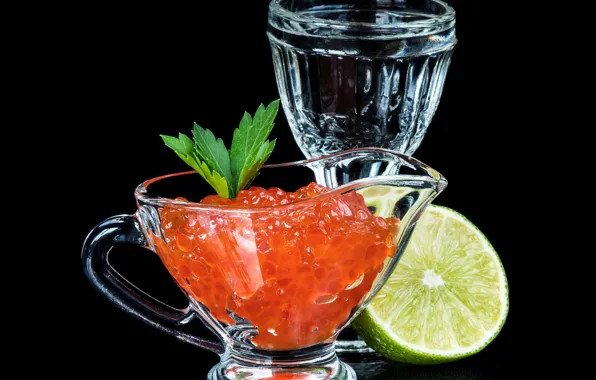 Alcohol, lime, caviar, seafood, seafood, caviar