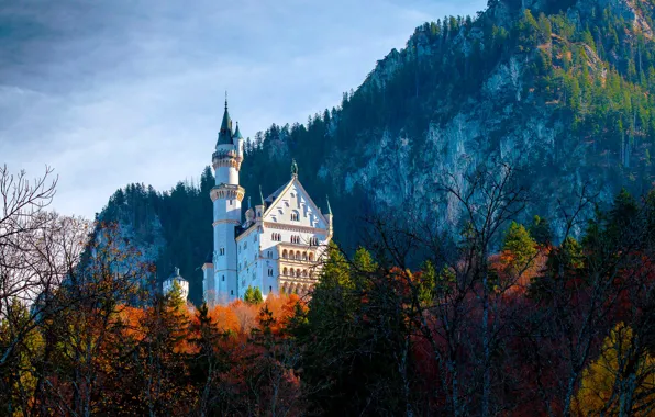 Autumn, forest, trees, mountains, castle, rocks, Germany, Bayern
