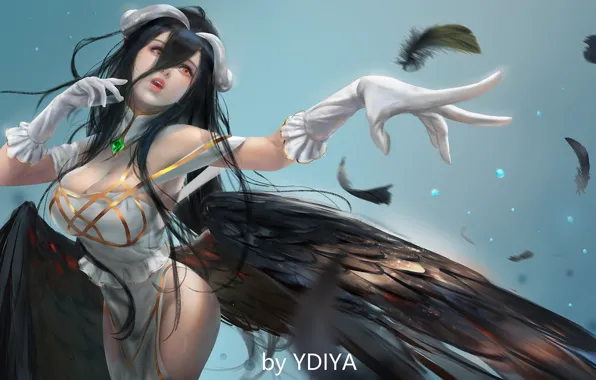 Girl, wings, horns, Overlord, Albedo, by YDIYA