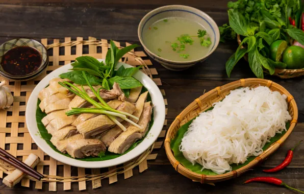 Greens, soup, meat, figure, duck, sauce