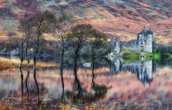 Autumn, water, castle, the slopes, Scotland, ruins, hills
