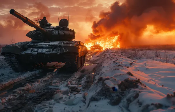 Picture Winter, Smoke, Snow, Fire, Tanks, Digital art, AI art, The Art of Artificial Intelligence