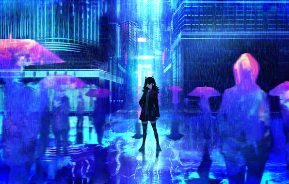 Girl, the city, background, rain, anime, art, umbrellas, silhouettes