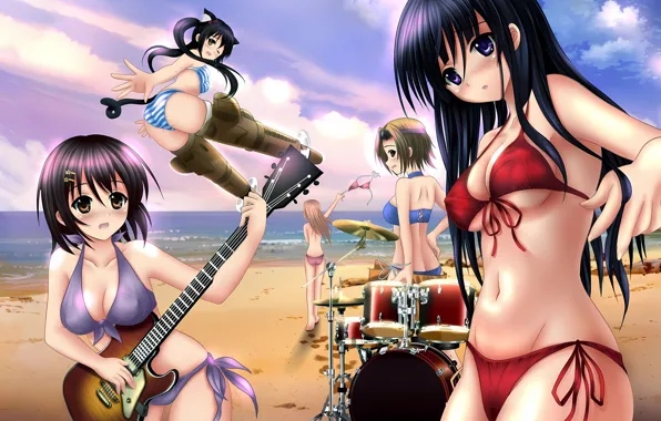 Sexy, ass, cleavage, beach, K-On, pink hair, sky, green eyes