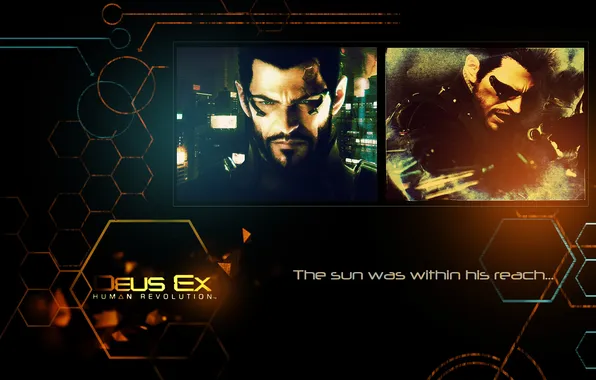 Picture black, blue, orange, face, deus ex, adam jensen