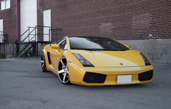 Picture asphalt, cracked, yellow, the building, the door, gallardo, lamborghini, front view