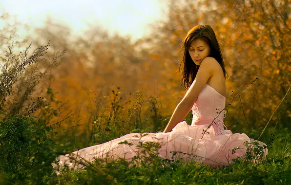 Picture FOREST, NATURE, GRASS, GREENS, DRESS, BROWN hair, TREES, PINK