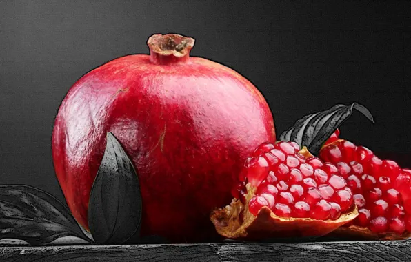 Red, fruit, black and white, Pomegranate
