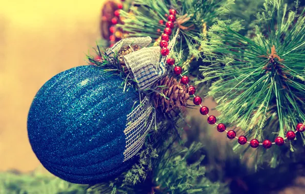 Decoration, branches, blue, holiday, balls, toy, tree, new year