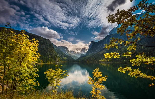 Autumn, the sky, clouds, trees, mountains, branches, lake, Austria