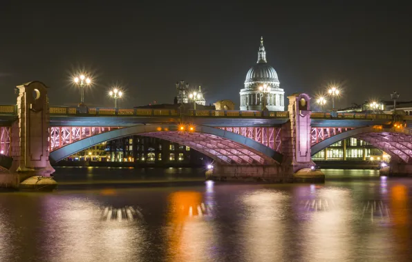 Picture night, bridge, lights, river, London, Cathedral, Holy, Thames